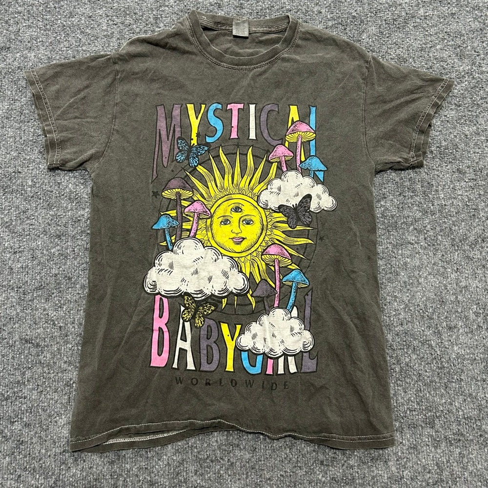 Gildan T-Shirt Womens Size S Faded Black Mystical Babygirl Sun Mushroom Graphic